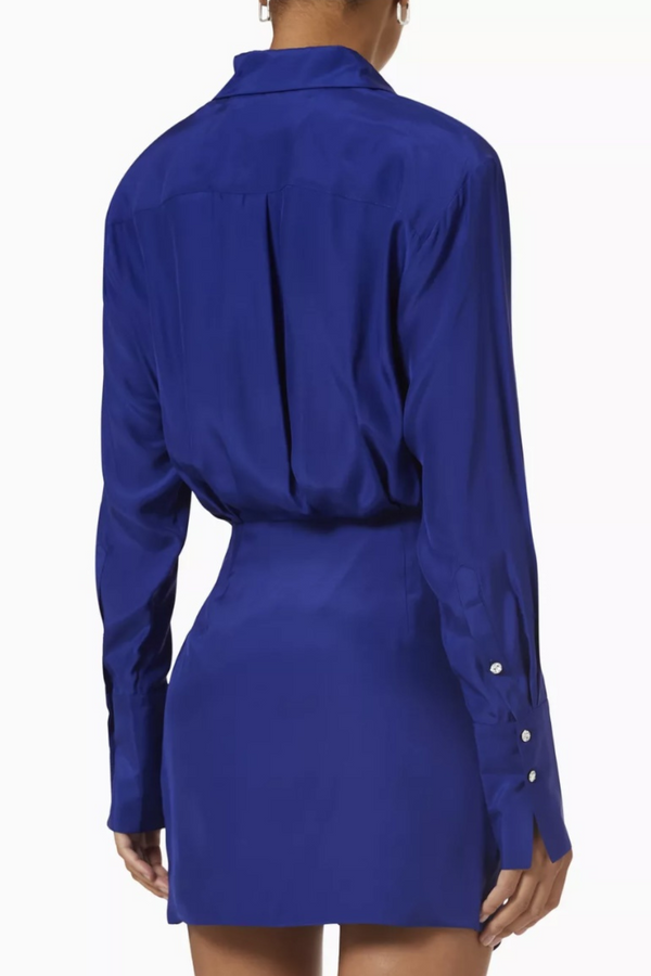 Blue mini silk dress with swarovski buttons