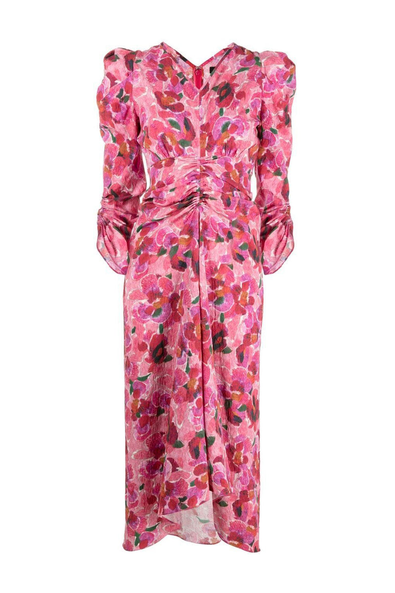 Pink ruched floral-print jacquard midi dress
