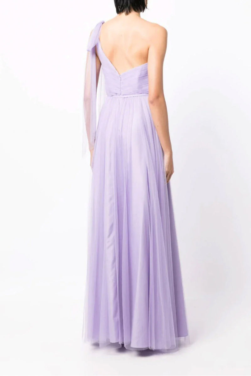 Lavender flowing one-shoulder maxi gown