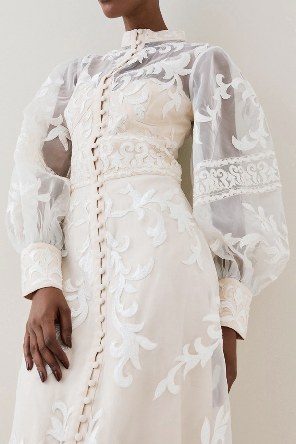 White Baroque Applique Woven Midi Dress