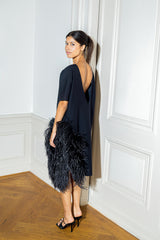 Black Feather-Trimmed Midi Dress