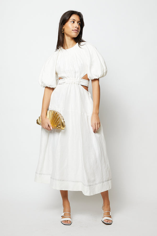 White midi dress with puff sleeves and open back