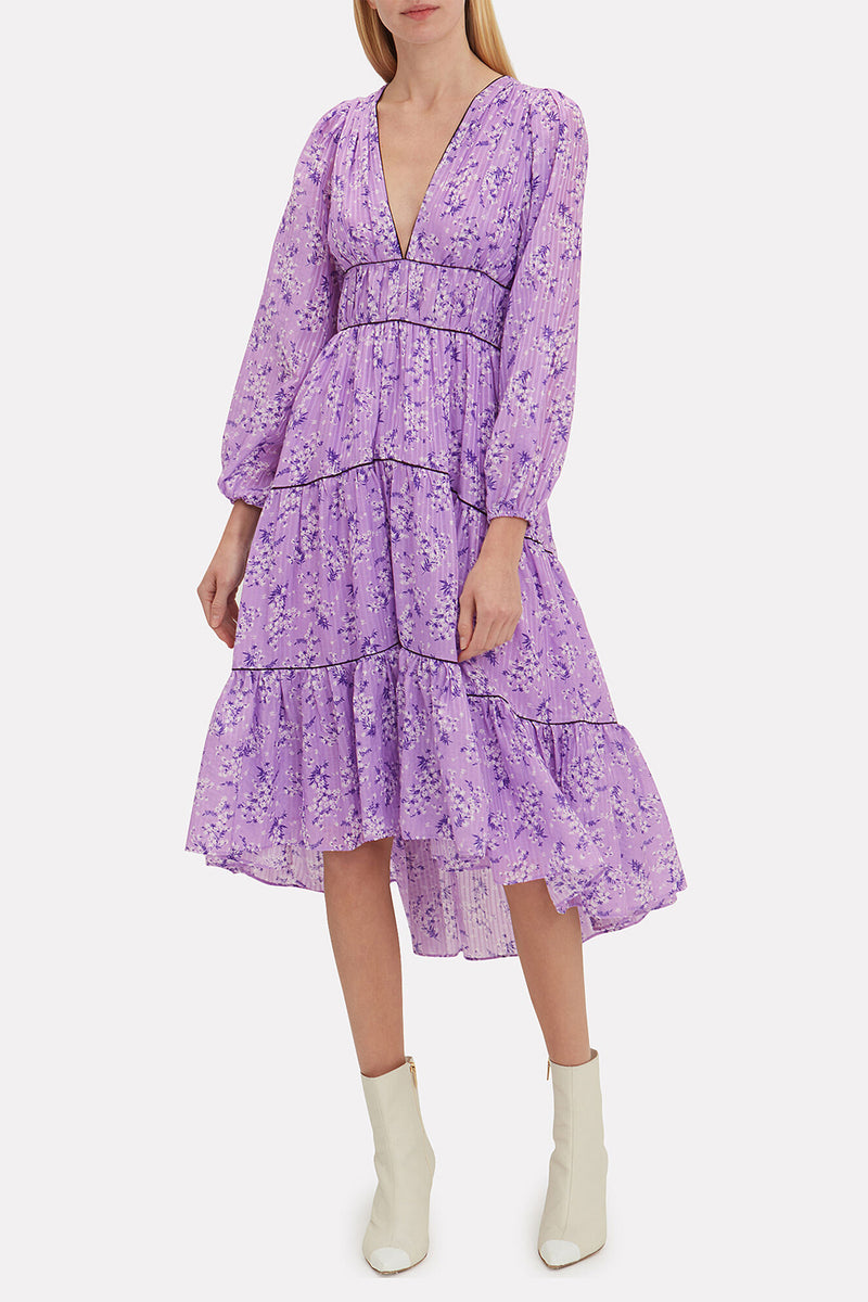 Lilac Cotton-Silk Floral Printed Midi Dress