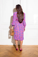 Pink and purple floral midi dress with long sleeves