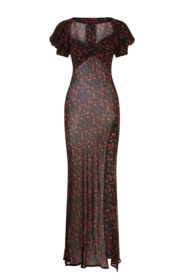 Black maxi dress with split and red dots