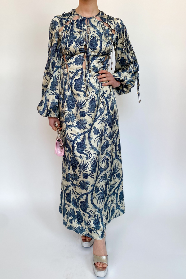Blue China Print dress with cut out and fringes