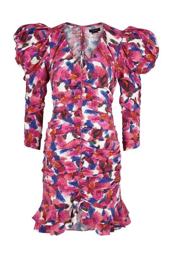 Pink flower mini dress with puffer sleeves