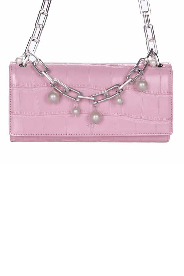 Pink leather bag with pearl drops on chain - Item for sale