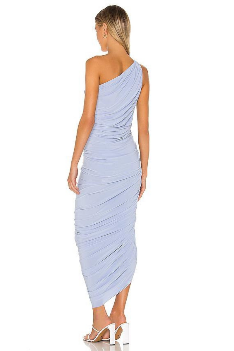 Light blue one-shoulder ruched gown