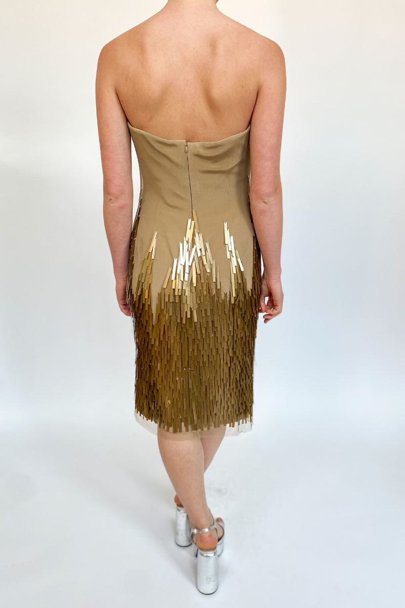 Beige Gold Sequin Strapless Dress