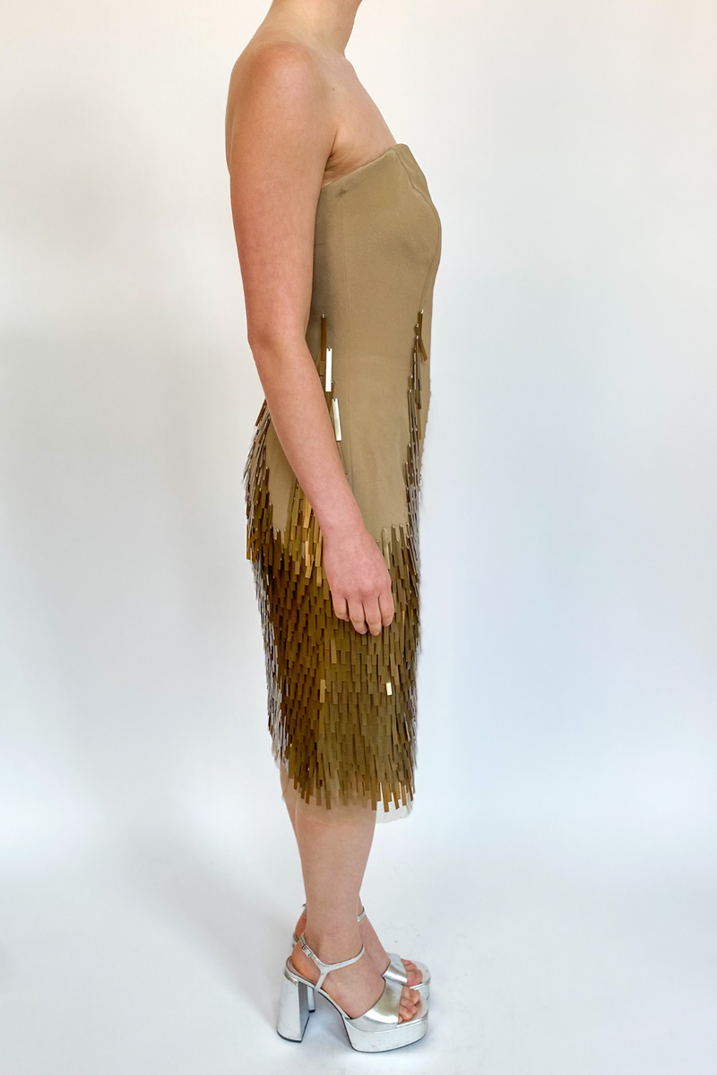 Beige Gold Sequin Strapless Dress