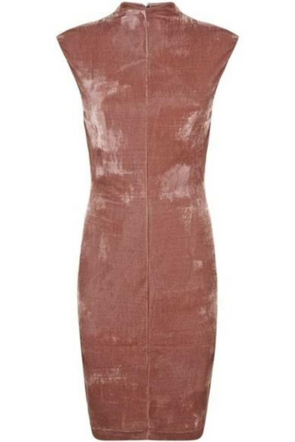 Dusty pink velvet midi dress with high neck