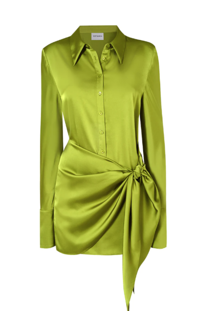 Green silky mini dress with knot and long sleeves