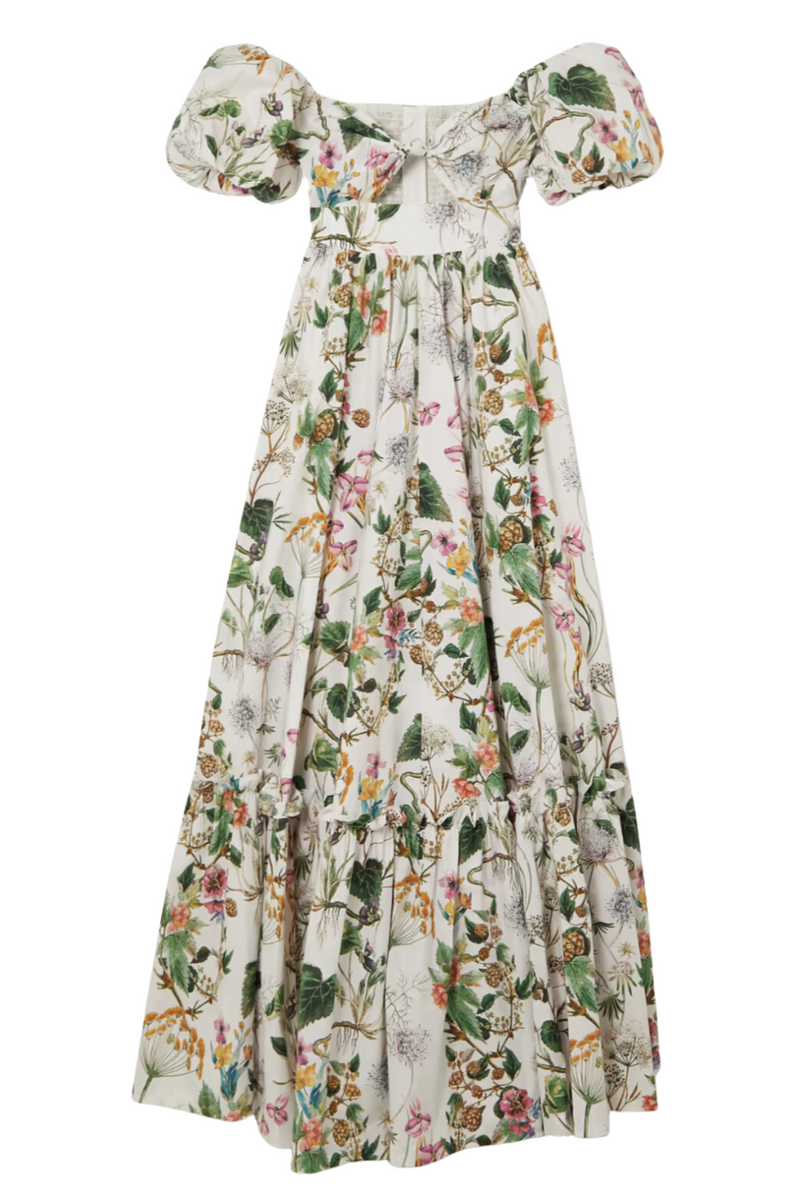 White maxi dress with tropic flower print