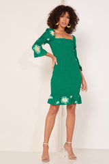 Green Floral Puff Sleeve Ruffle Mini Dress