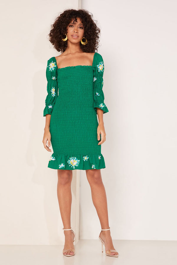 Green Floral Puff Sleeve Ruffle Mini Dress