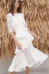 White Crochet Floral Lace Midi Dress