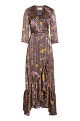 Brown rich printed pleated maxi dress