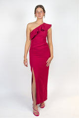Red one shoulder gown with ruffled neckline