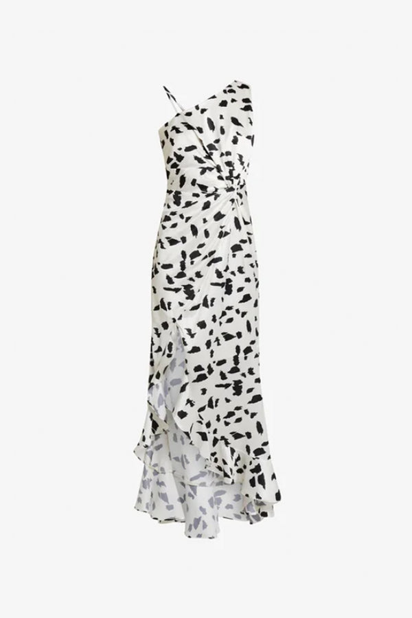 Cream and black a-symmetric maxi dress with abstract print