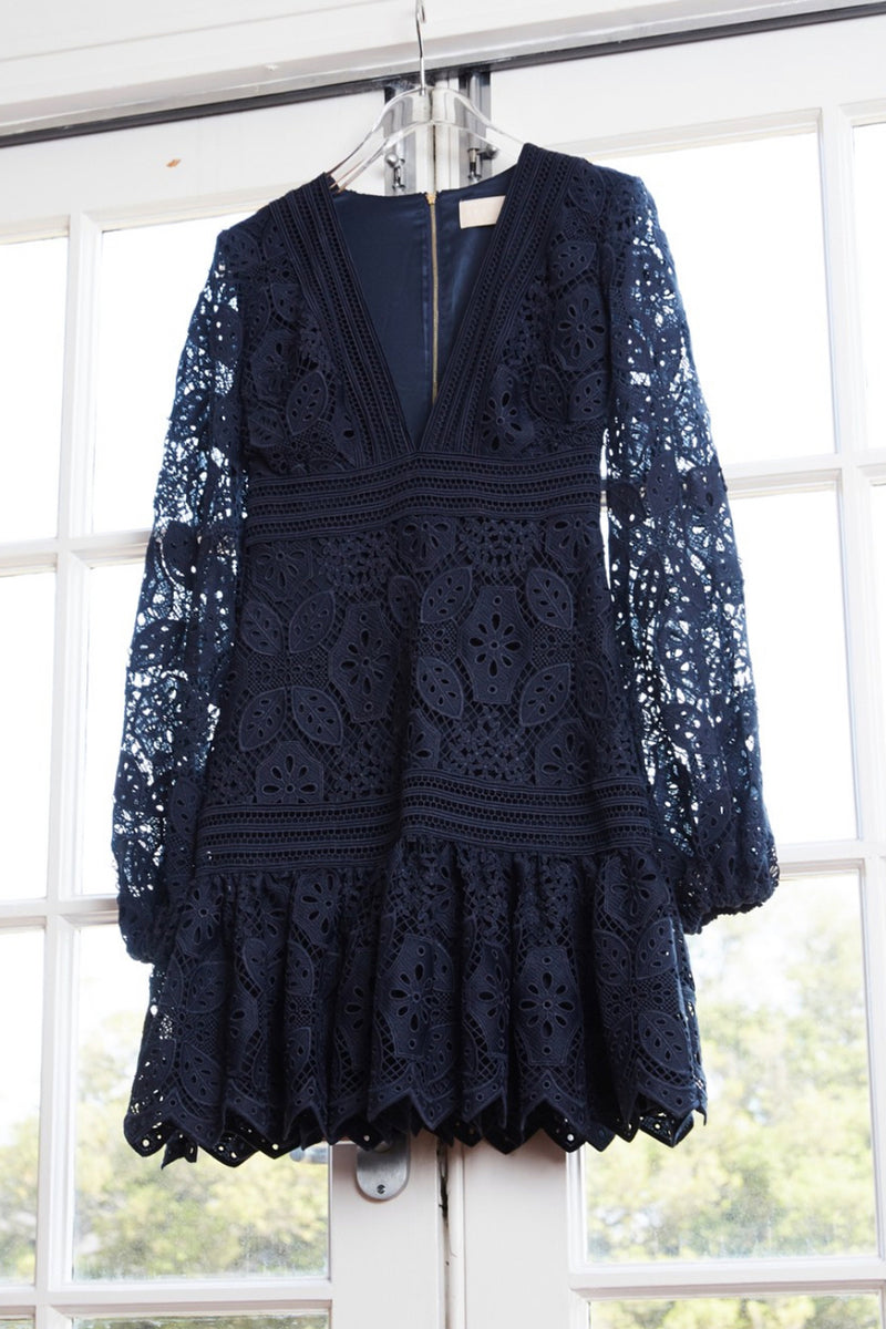 Midnight Blue Lace Long Sleeve Mini Dress
