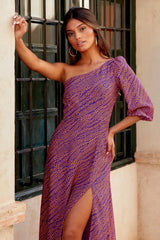 Purple midi one shoulder dress with small cut out and split