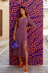 Purple midi one shoulder dress with small cut out and split