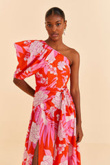 Red and Pink Floral One Shoulder Midi Dress