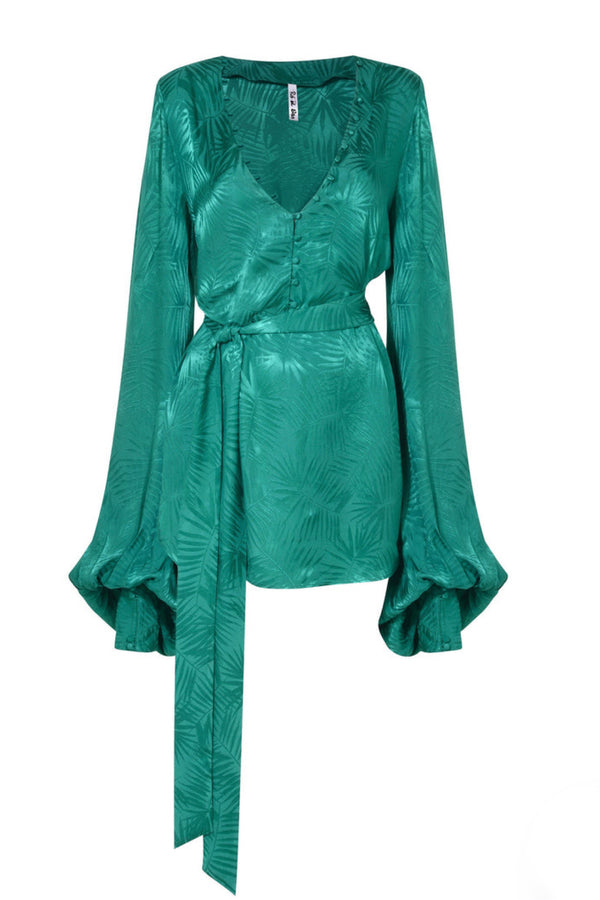 Green Mini Dress With Jacquard Palm Print