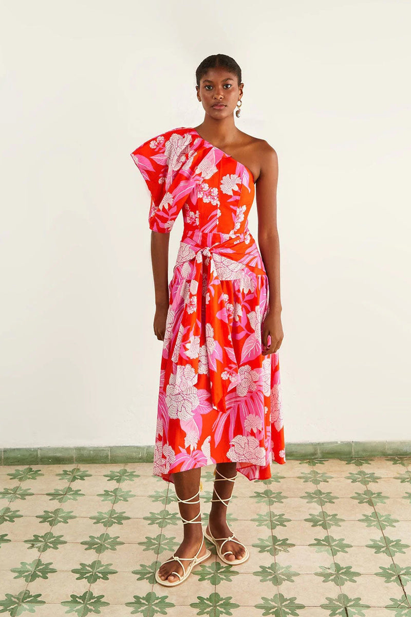 Red and Pink Floral One Shoulder Midi Dress