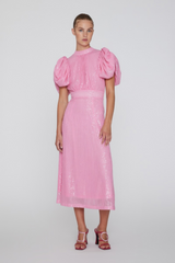 Pink Sequined Begonia Puffy Sleeved Midi Dress