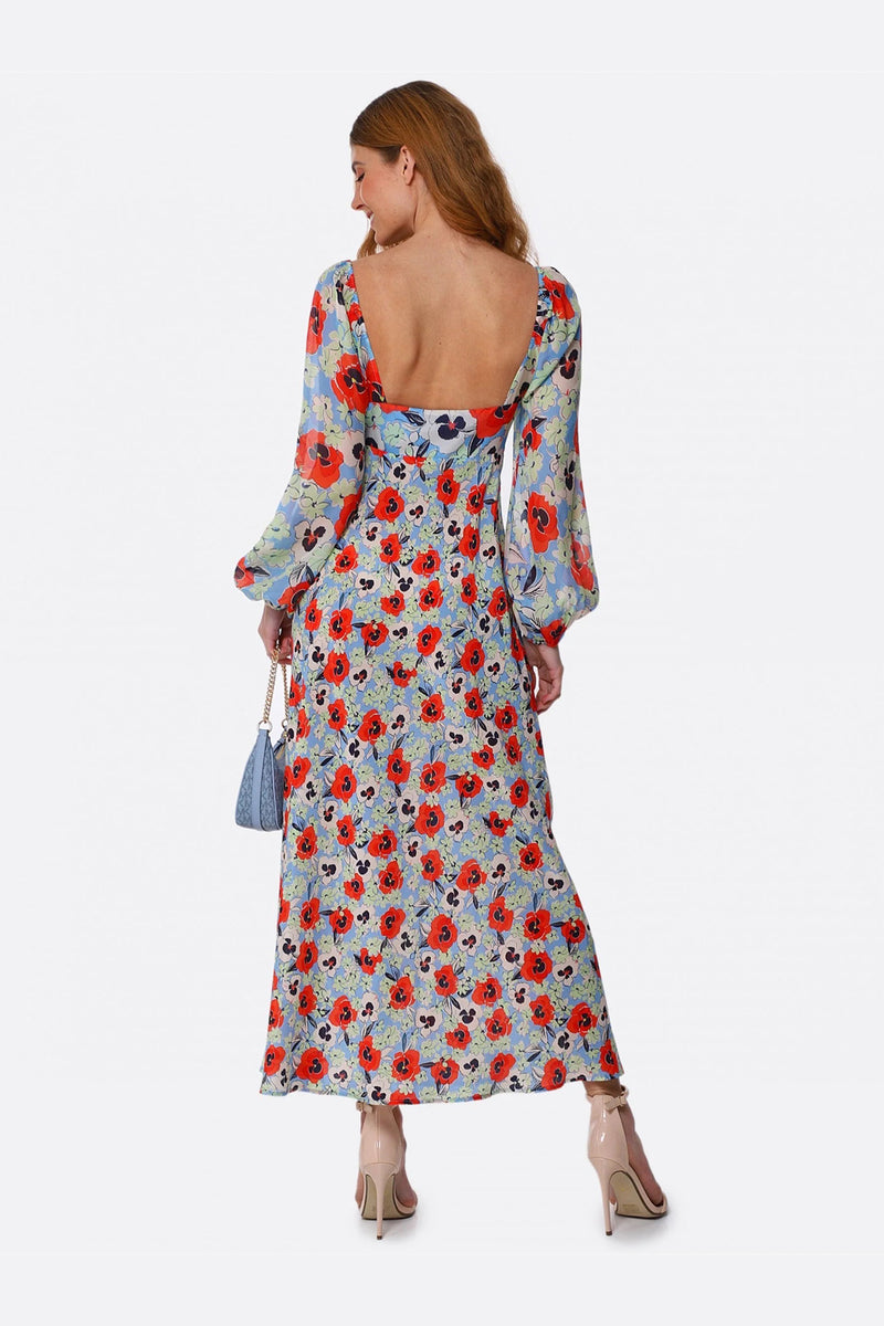 Blue Dress With Red Flower Print