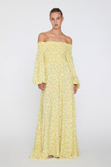 Yellow Off Shoulder Dress With Fine Floral Print