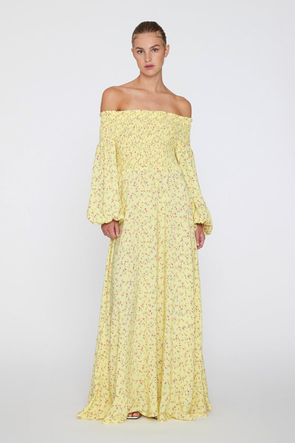 Yellow Off Shoulder Dress With Fine Floral Print