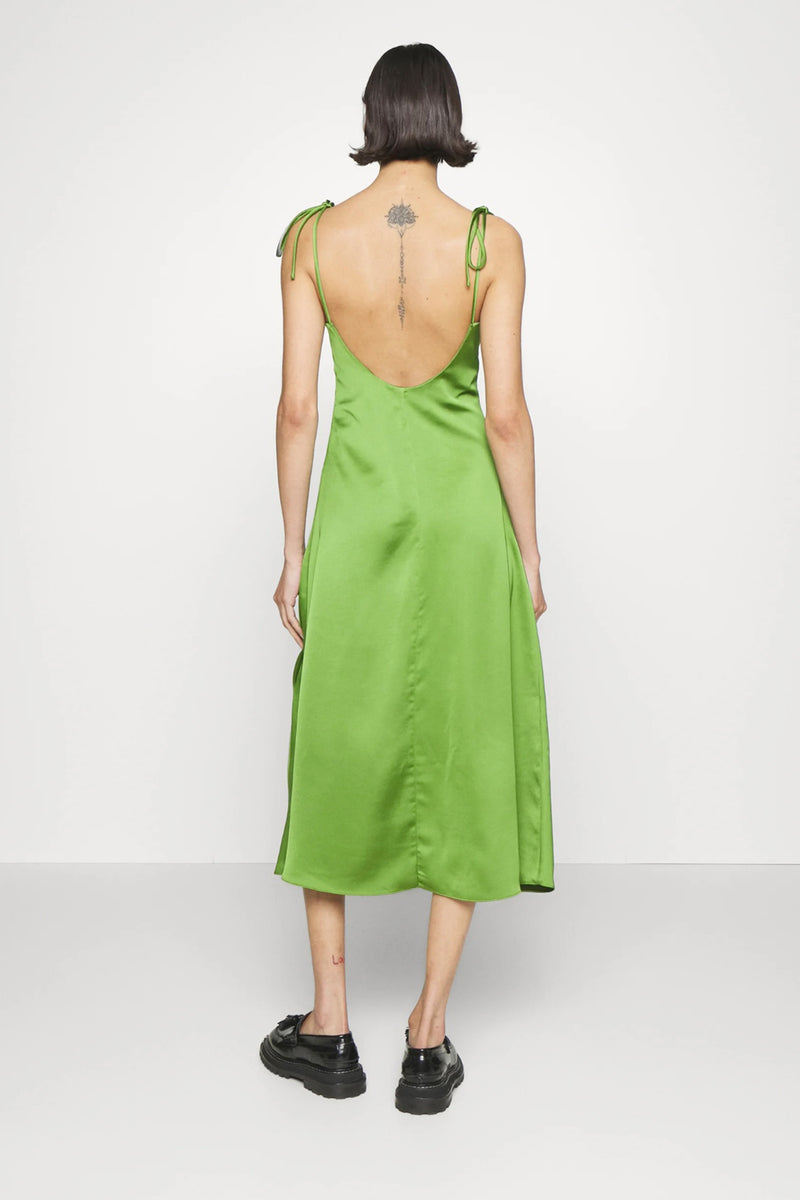 Green Silky Open Back Midi Dress
