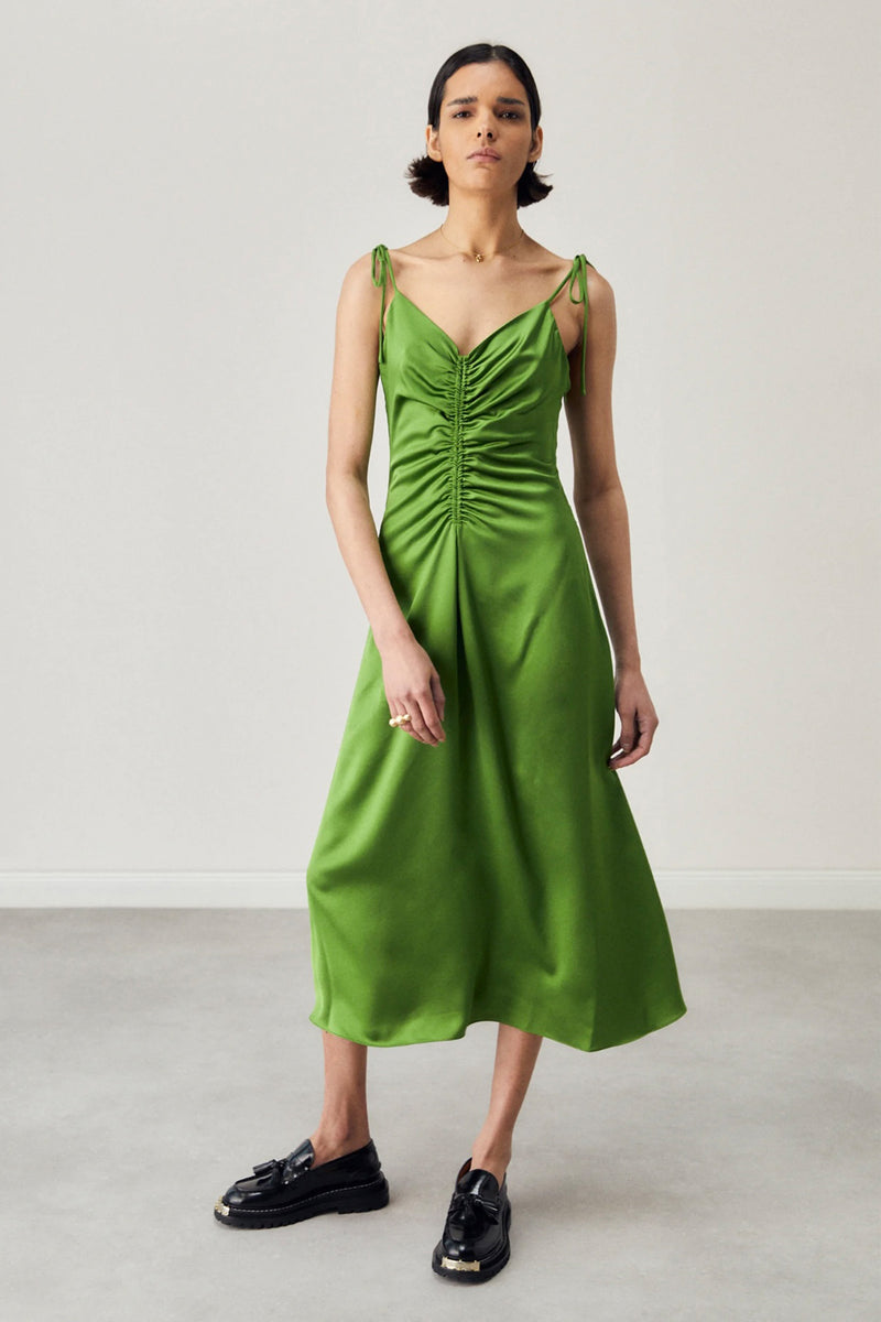 Green Silky Open Back Midi Dress