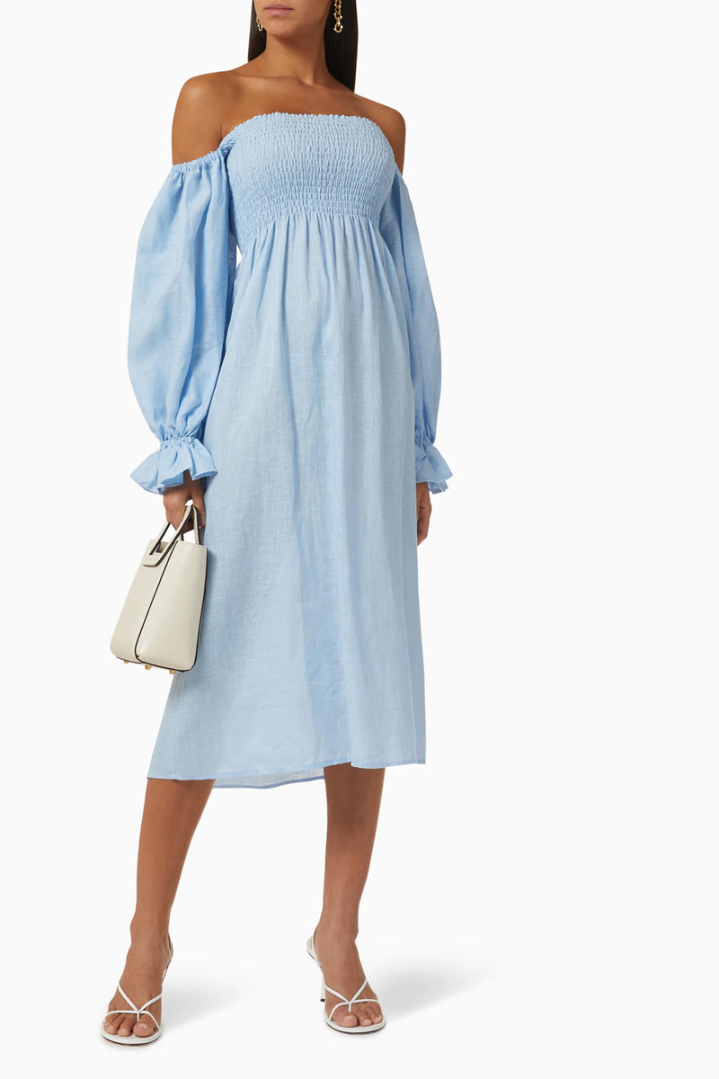 Blue linen Midi dress with puff sleeves