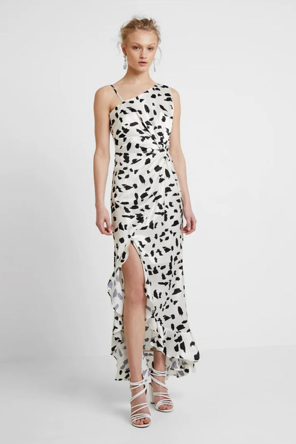 Cream and black a-symmetric maxi dress with abstract print