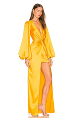 Ocher Yellow Maxi Dress With Balloon Sleeves