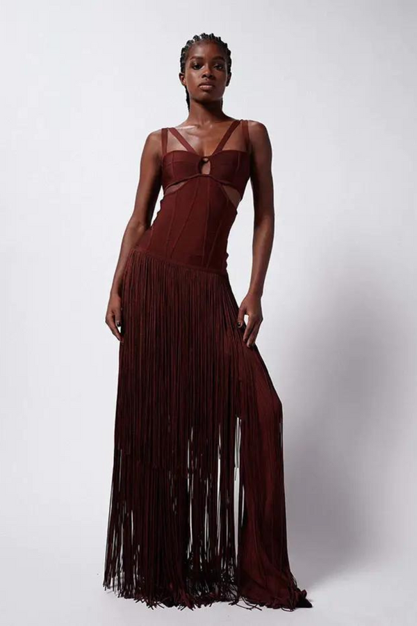 Red Cutout Fringed Bandage Gown Maxi Dvacaress
