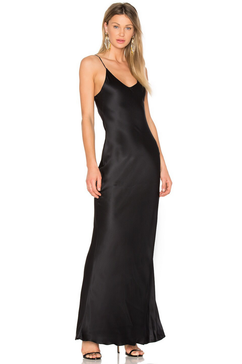 Black Silk-Satin Bias-Cut Maxi Slip-Dress