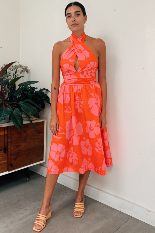 Orange Floral Print Halter Neck Midi Dress