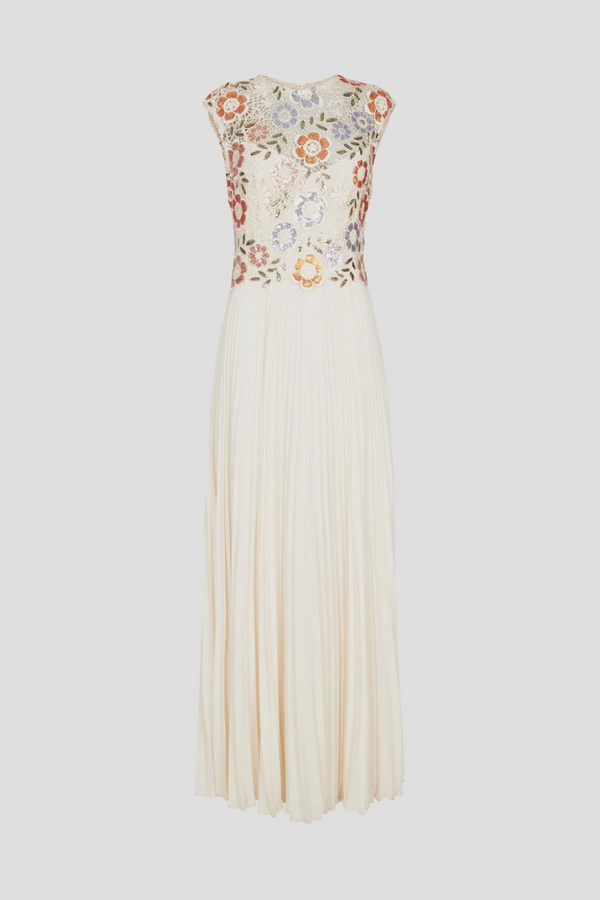 Multi-colored Floral Embroidered Pleated Woven Maxi Dress