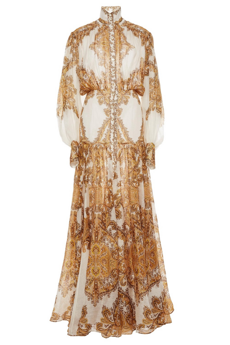 White And Gold Zimmermann Zippy Billow Paisley Printed Silk Maxi Dgaress
