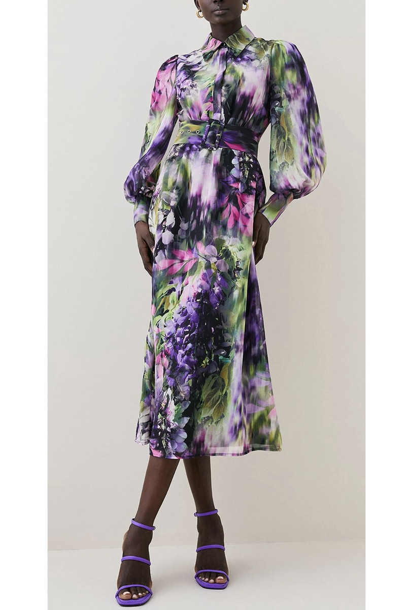 Multi Colored Floral Georgette Woven Shirt Midi Dress