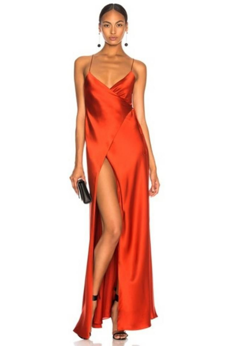 Burnt Orange Michelle Mason Silk Satin Wrap Maxi Dress