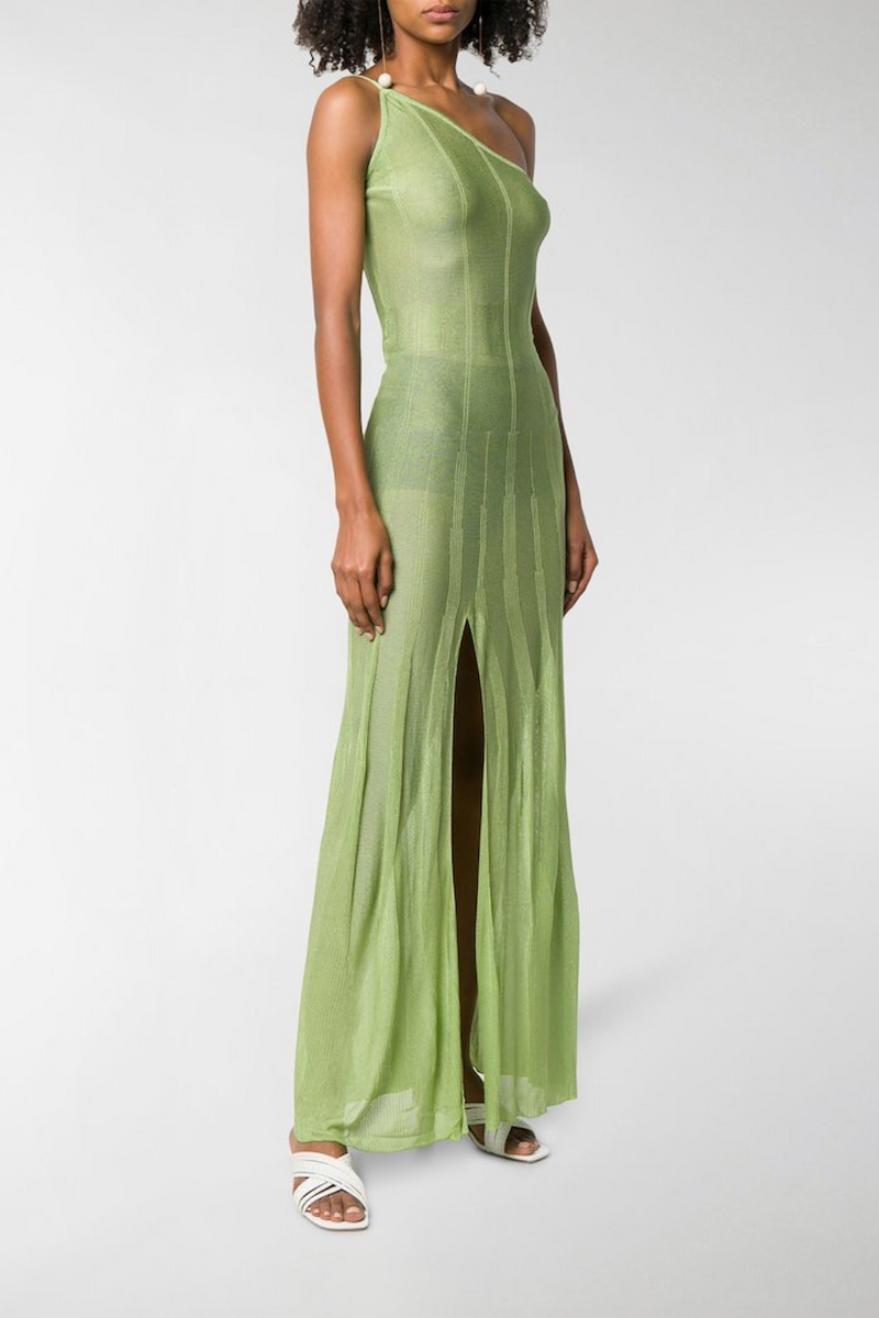 Lime Green Jacquemus Sheer Ssymmetric One Shoulder Shift Maxi Dress