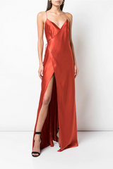 Burnt Orange Michelle Mason Silk Satin Wrap Maxi Dress
