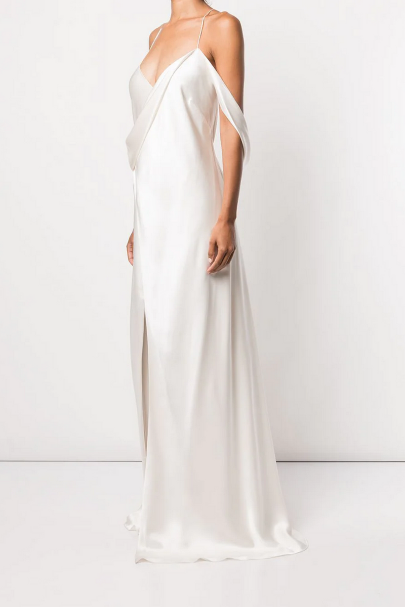 Ivory White Michelle Mason Silk Wrap Floor Length Maxi Gown