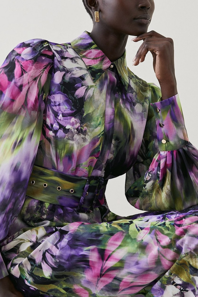 Multi Colored Floral Georgette Woven Shirt Midi Dress